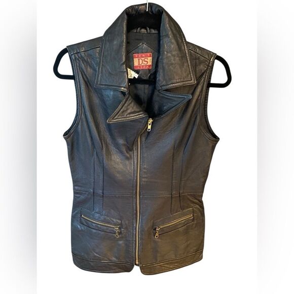 DS Sz L Black Vintage 100% Leather Motorcycle Zip Front Pocket Vest - Picture 4 of 9
